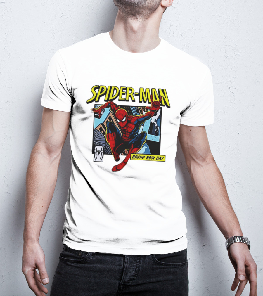 Spider Man Brand New Day Iconic Comic Style Swinging Action T-Shirt