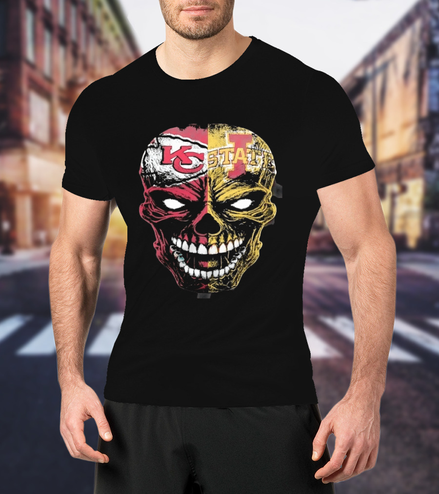 Kansas City Chiefs Iowa State Cyclones Skull Split Face T-Shirt
