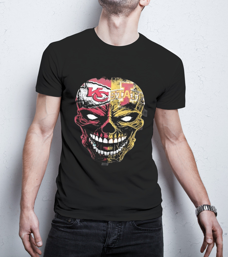 Kansas City Chiefs Iowa State Cyclones Skull Split Face T-Shirt