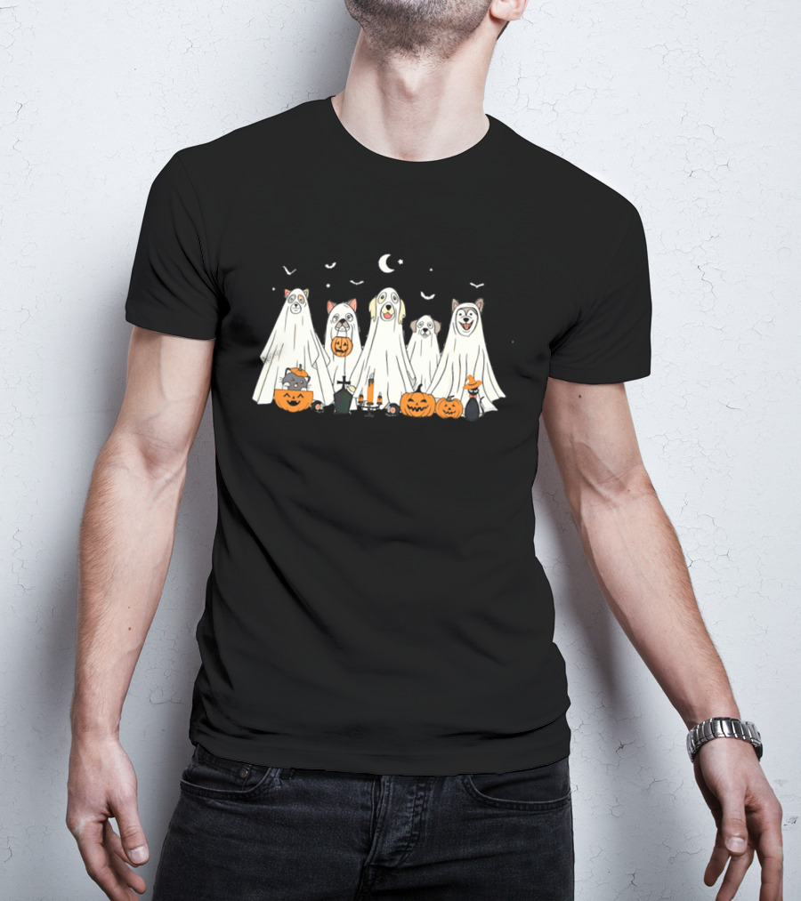 Halloween Ghost Dog Pack With Pumpkins And Moonlit Night T-Shirt