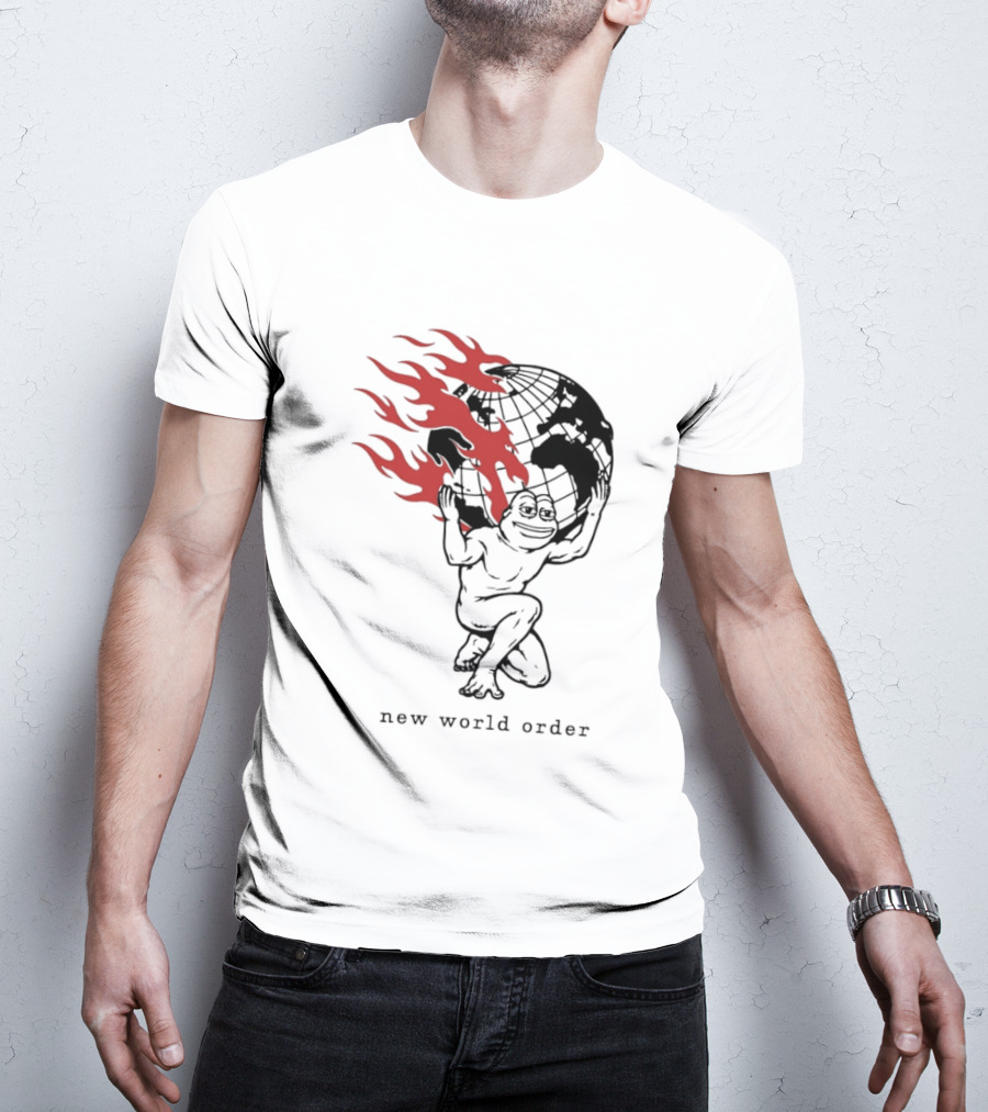 Frog Carrying Burning Earth With Flames New World Order T-Shirt