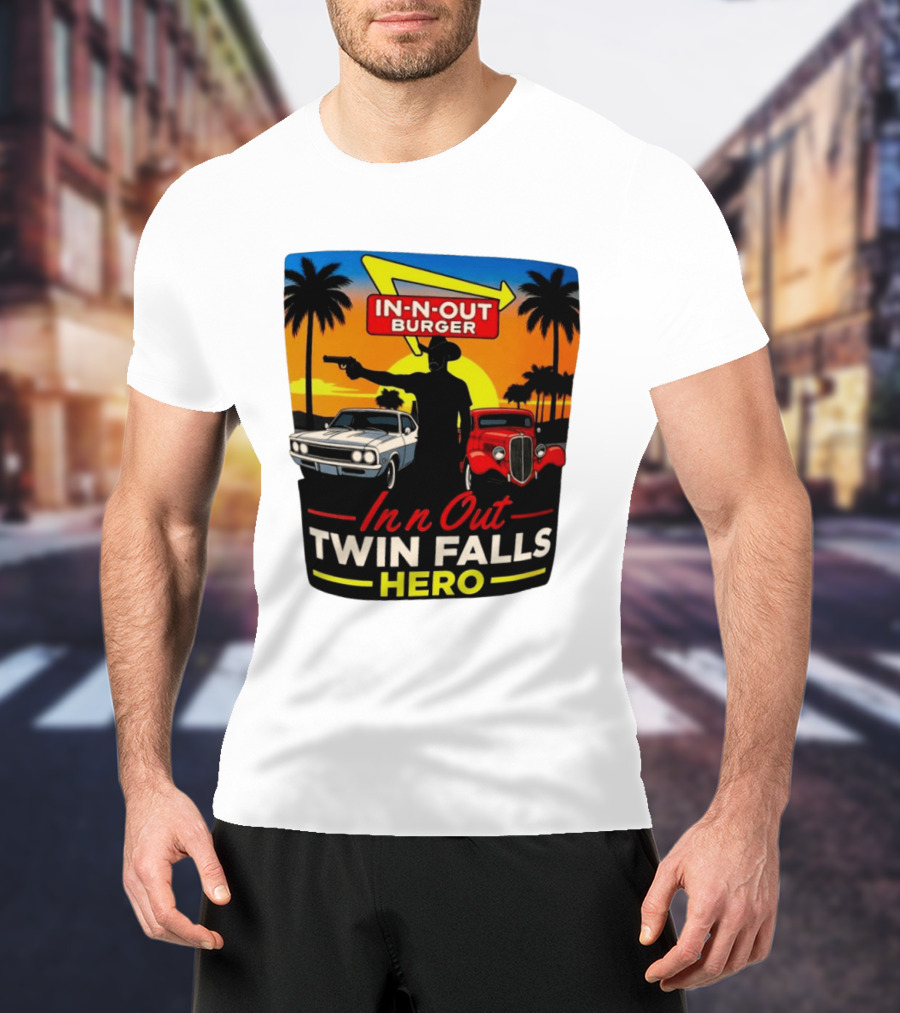 In N Out Burger Twin Falls Hero Sunset Cars Palms 2026 T-Shirt