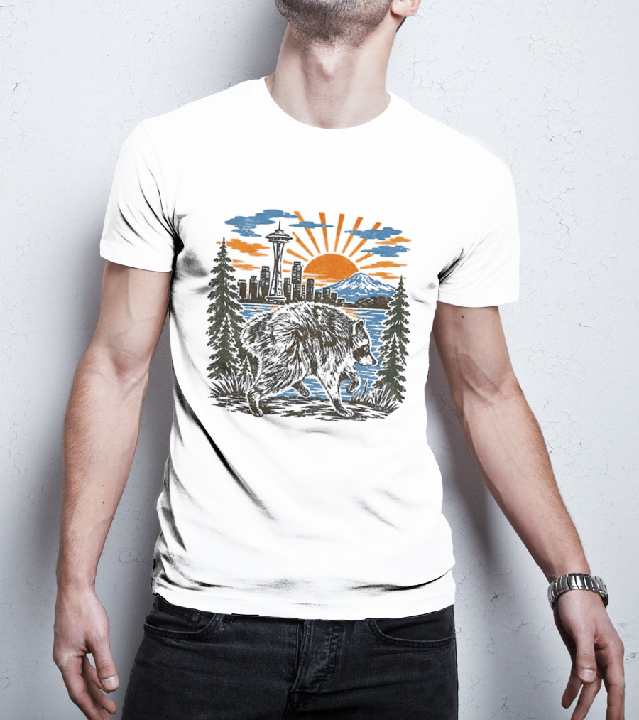 Raccoon Jimothy Seattle Skyline Sunset With Space Needle T-Shirt