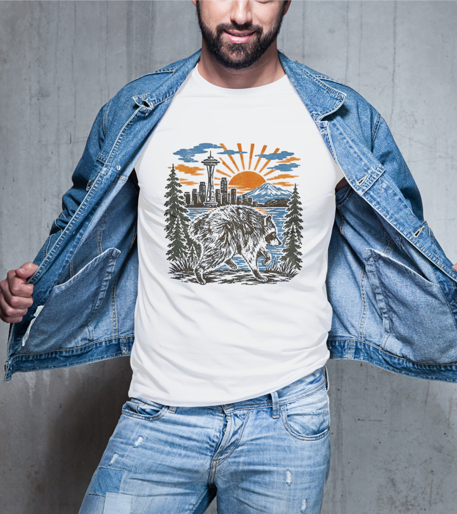 Raccoon Jimothy Seattle Skyline Sunset With Space Needle T-Shirt