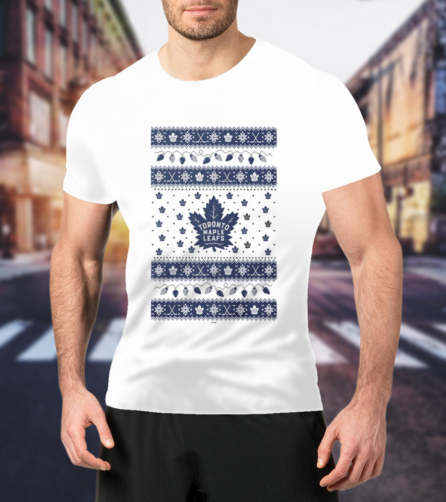 Toronto Maple Leafs Holiday Lights Festive Pattern Leafs Logo Snowflakes T-Shirt