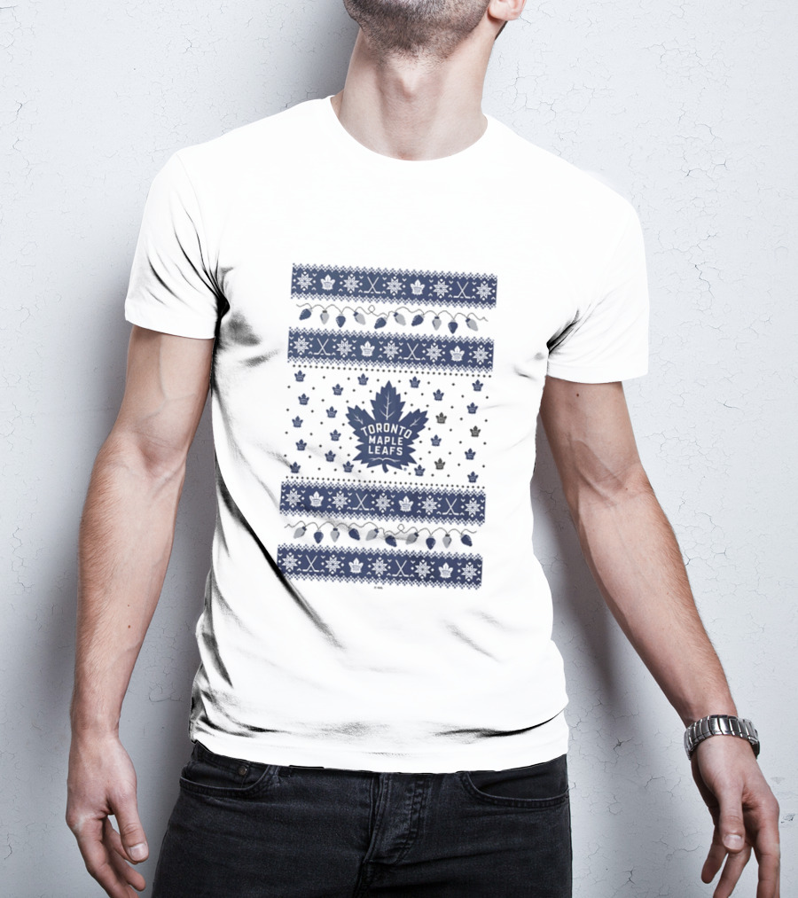 Toronto Maple Leafs Holiday Lights Festive Pattern Leafs Logo Snowflakes T-Shirt