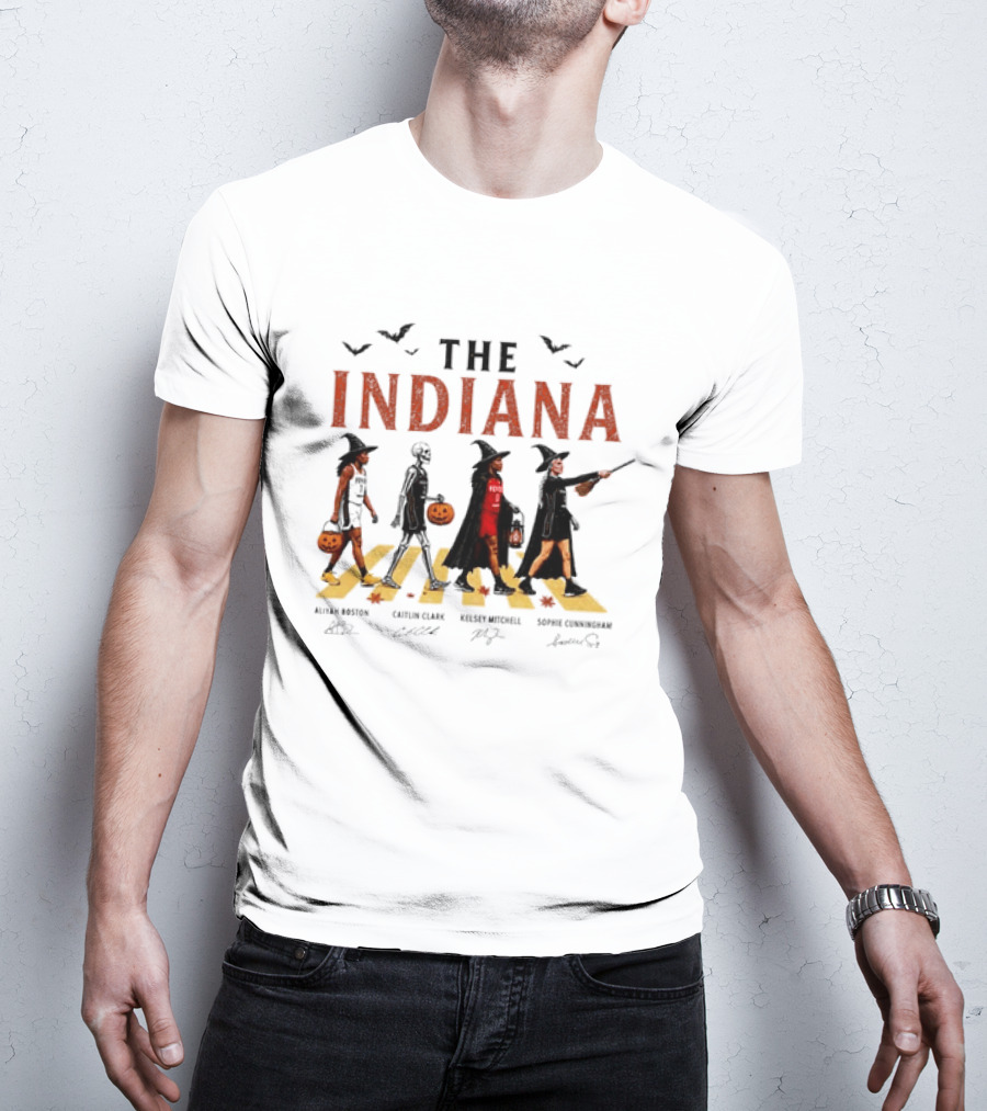 The Indiana Fever WNBA Aliyah Boston Caitlin Clark Kelsey Mitchell Sophie Cunningham Halloween Crosswalk Skeleton Witches Pumpkin T-Shirt