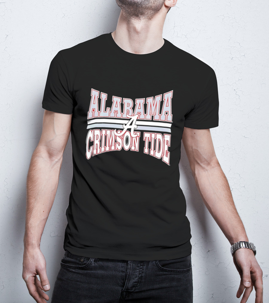 Alabama Crimson Tide Script A Curved Stripes Block Lettering T-Shirt