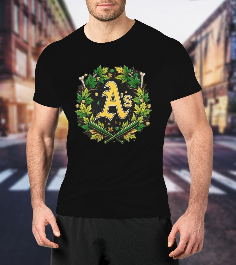 A's Halloween Maple Leaves Skull Crossed Bats Baseballs T-Shirt