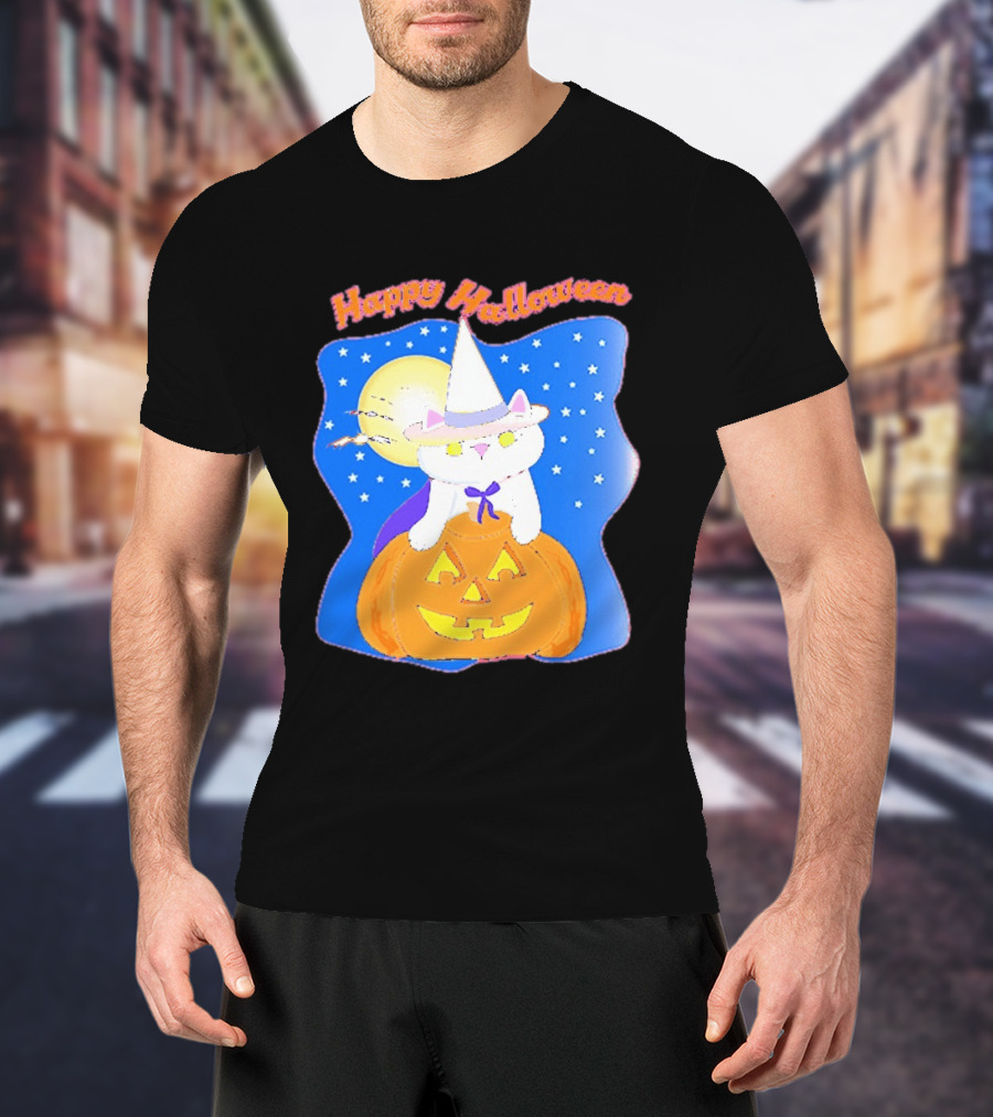 Happy Halloween Cat Witch On Pumpkin With Full Moon And Stars T-Shirt