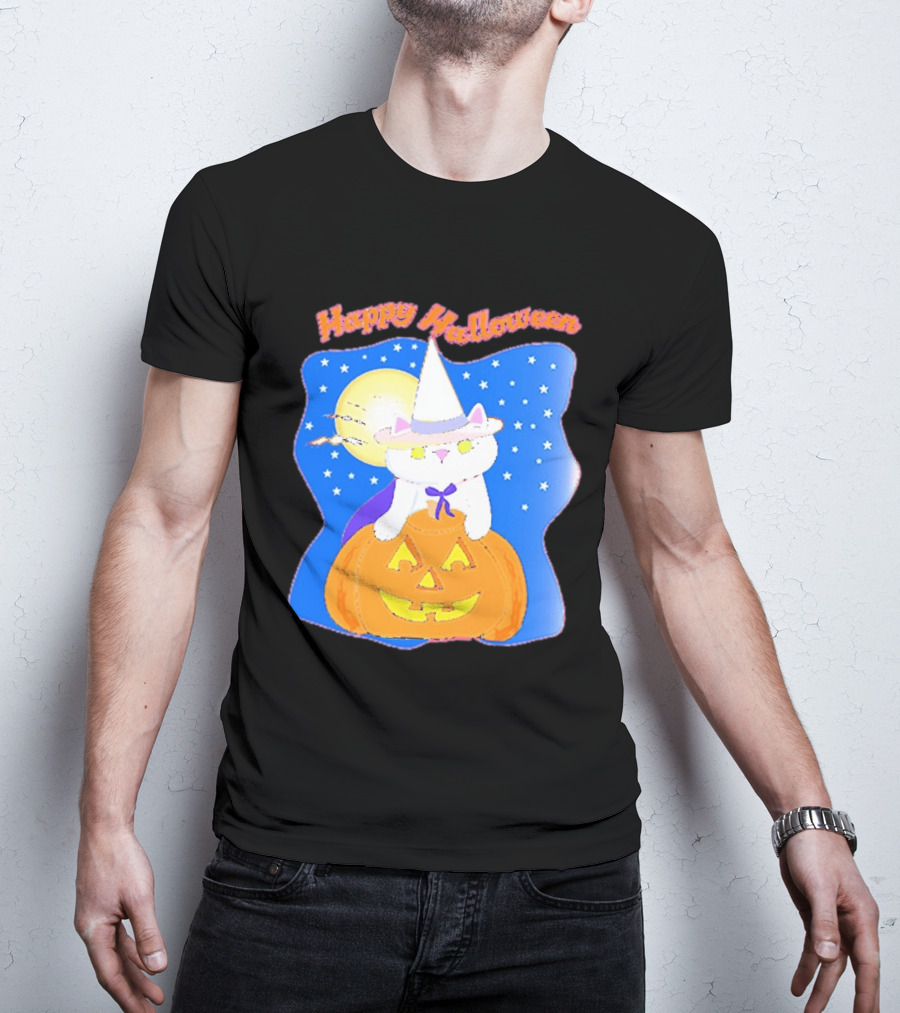 Happy Halloween Cat Witch On Pumpkin With Full Moon And Stars T-Shirt
