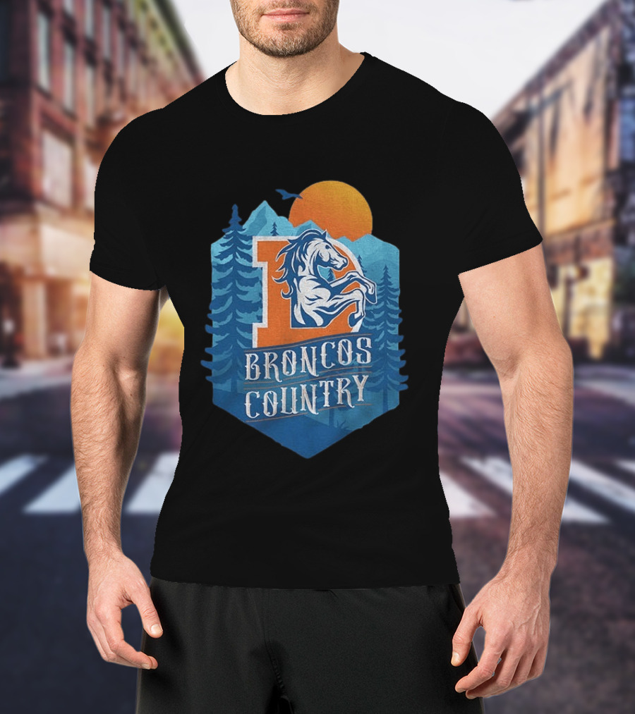 Denver Broncos Country Logo Football Mountain Sunset T-Shirt
