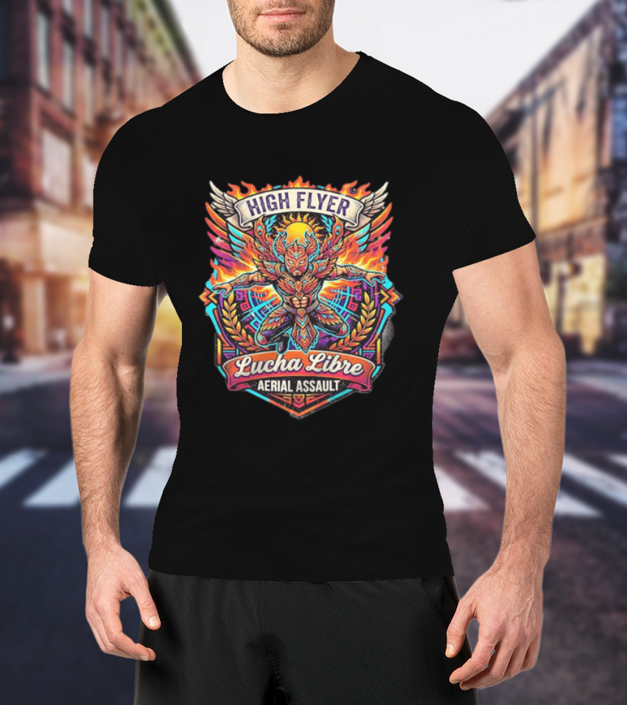 High Flyer Lucha Libre Aerial Assault Winged Masked Wrestler Sun Flames T-Shirt