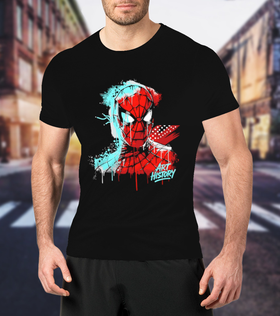 Spider Man Mask Dripping Paint Graffiti Art History Halftone Splatter T-Shirt