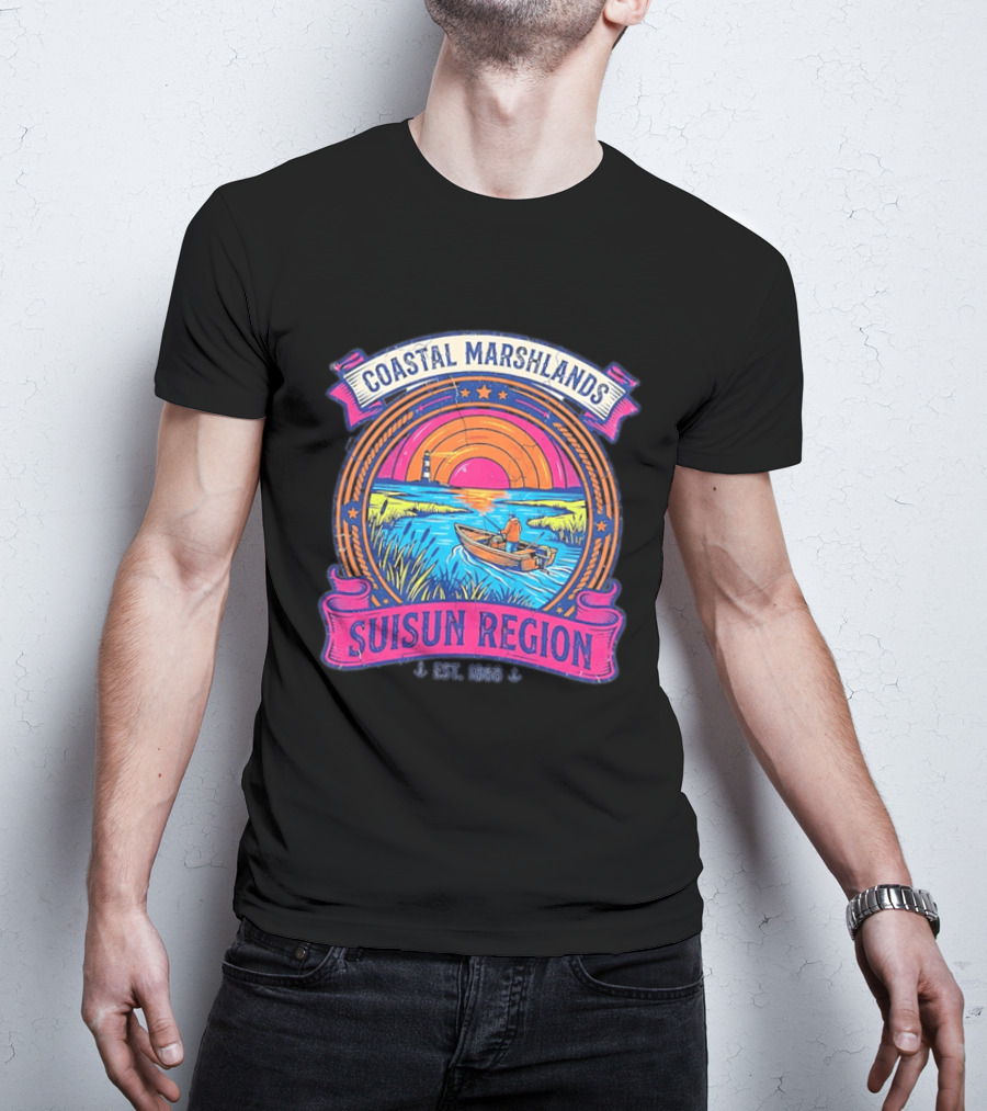 Coastal Marshlands Suisun Region Established 1868 Distressed Sunset Lighthouse Fisherman Boat Marsh T-Shirt