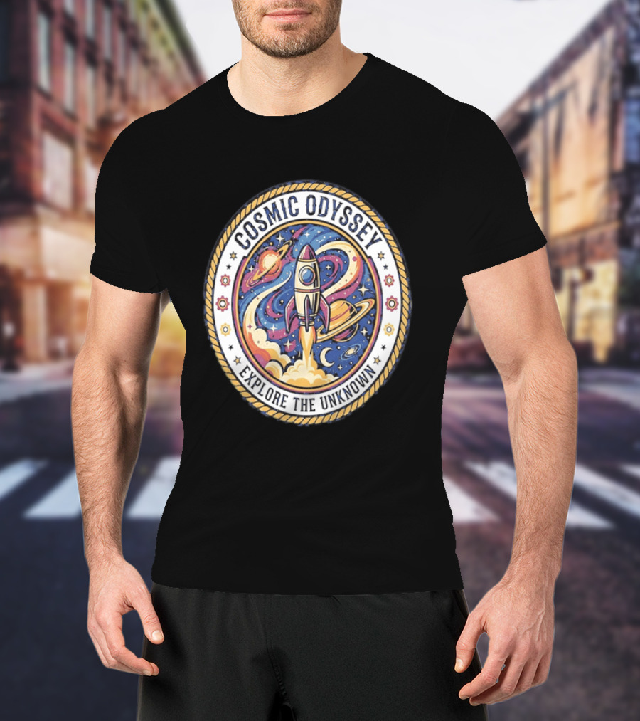 Cosmic Odyssey Rocket Launching Explore The Unknown Planets Space Adventure T-Shirt