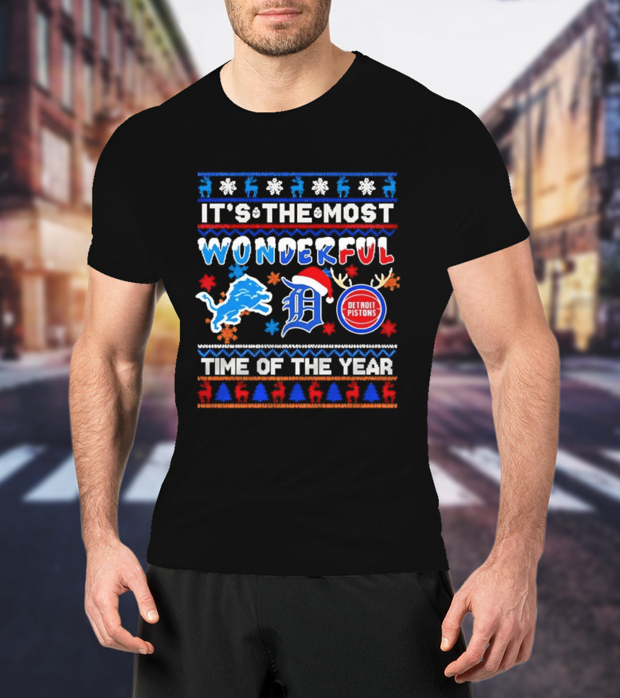 Detroit Lions And Pistons Christmas 2026 It's The Most Wonderful Time Of The Year T-Shirt