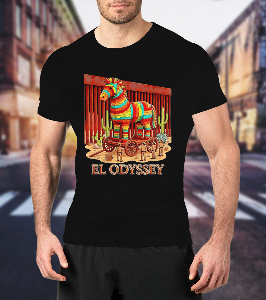 El Odyssey Piñata Horse Statue At Border With Cacti And Soldiers T-Shirt