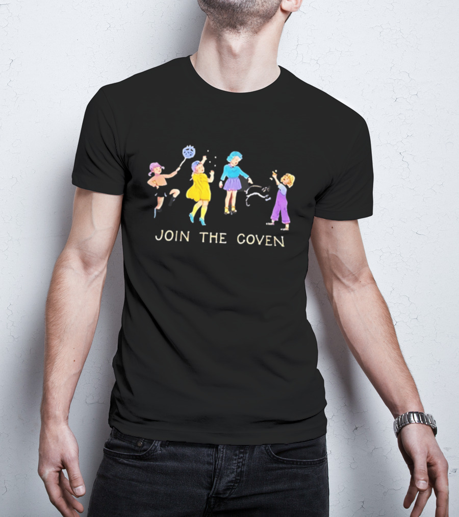 Join The Coven Funny Retro Witchy Kids Playing With Black Cat T-Shirt