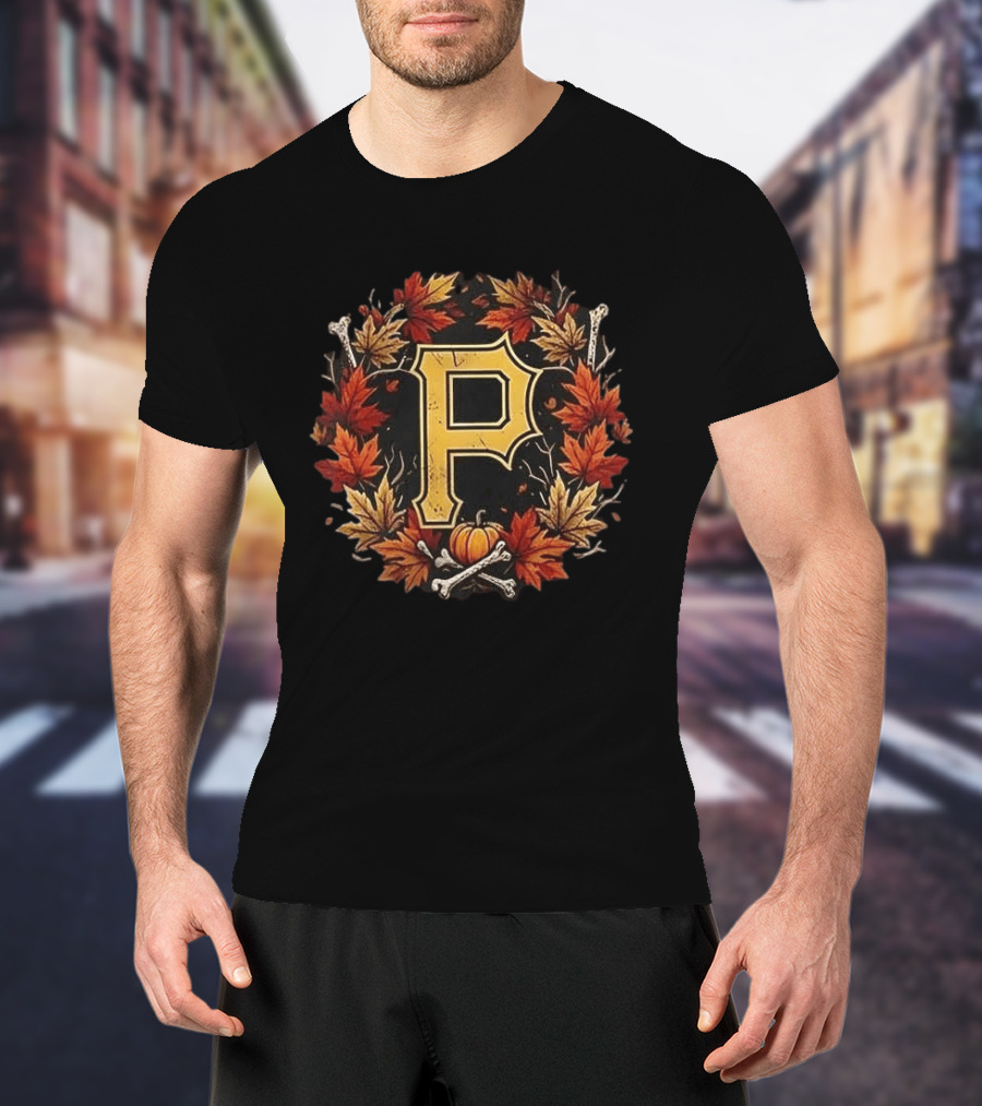 Pittsburgh Pirates Halloween P Maple Leaves Pumpkin Crossed Bones T-Shirt