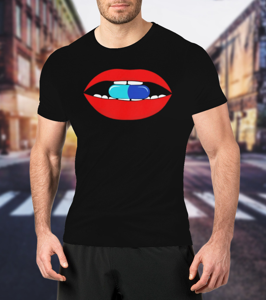 Red Lips Blue And Cyan Pill Bite T-Shirt