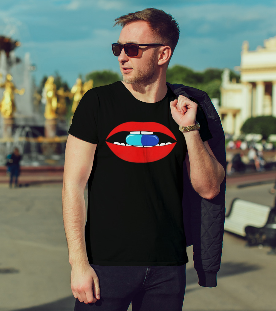 Red Lips Blue And Cyan Pill Bite T-Shirt