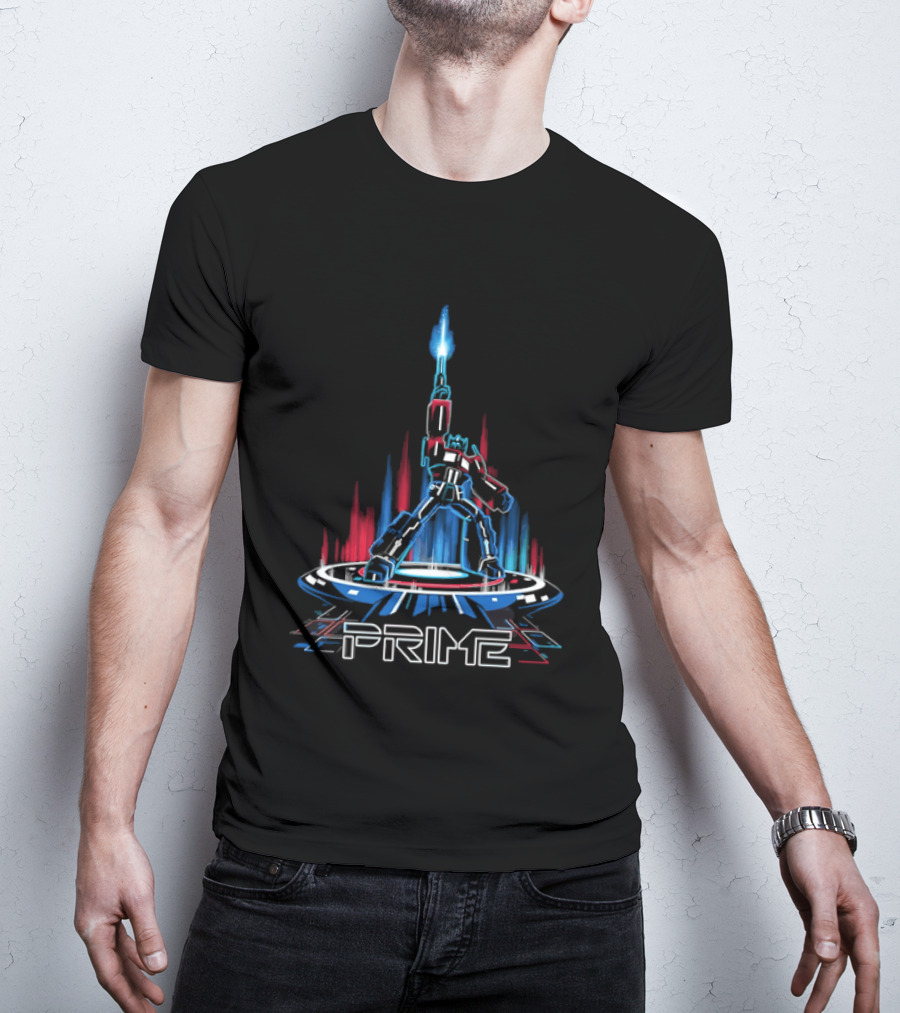 Prime Neon Robot Raising Glowing Light Beam Circular Platform T-Shirt
