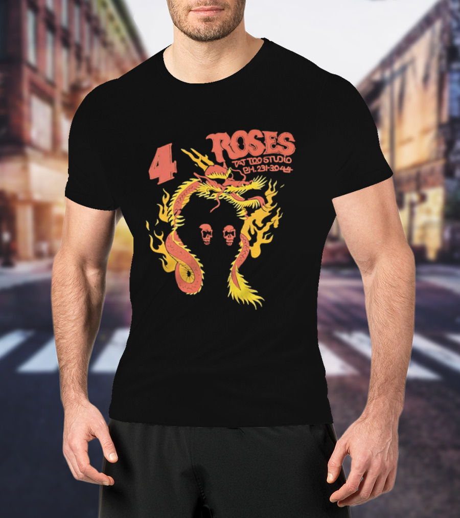 4 Roses Tattoo Studio Ph 231 3044 Dragon Yellow Flames Red Skulls T-Shirt