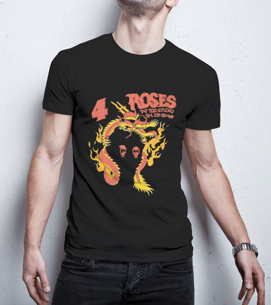 4 Roses Tattoo Studio Ph 231 3044 Dragon Yellow Flames Red Skulls T-Shirt