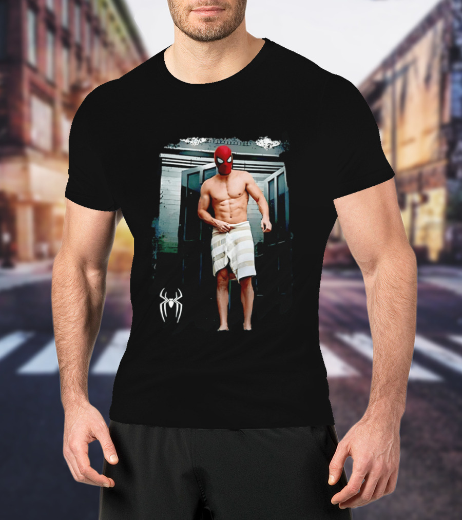 Spider Man Masked Figure In Towel Scene With Iconic White Spider T-Shirt