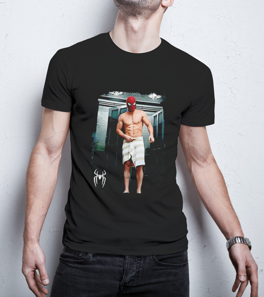 Spider Man Masked Figure In Towel Scene With Iconic White Spider T-Shirt