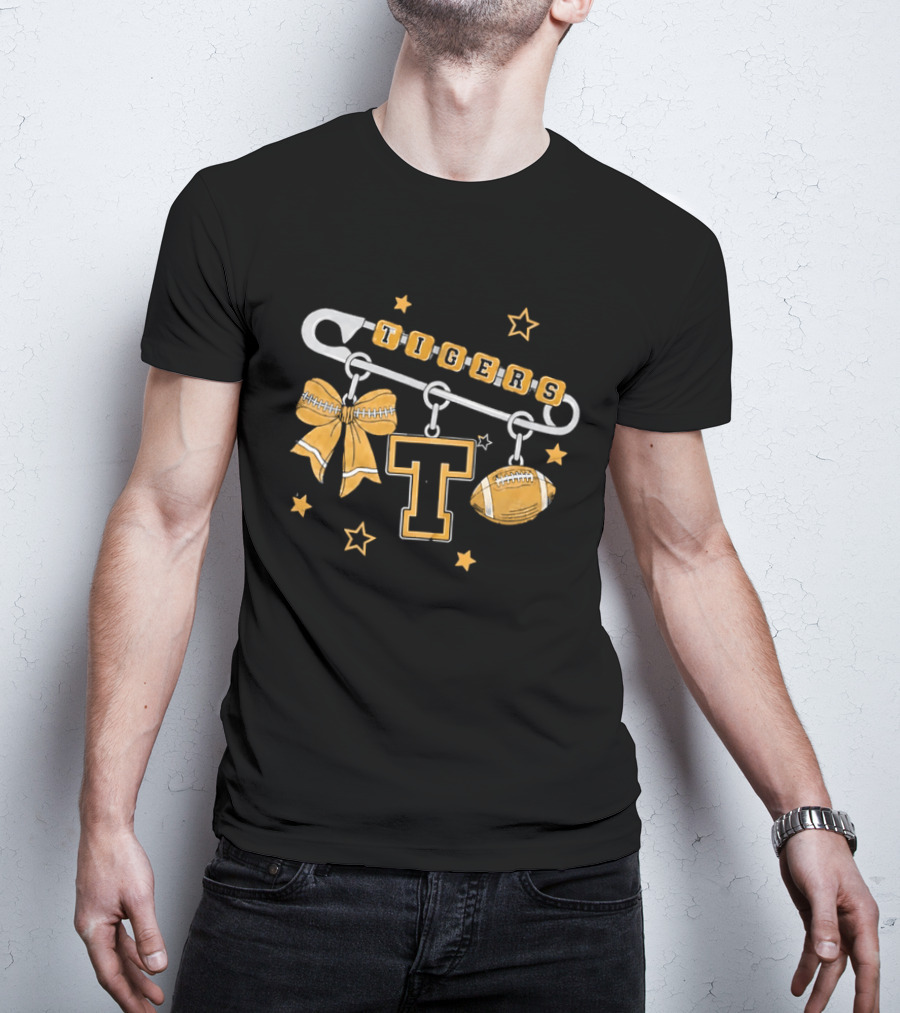Tigers Cheer Bow Safety Pin Varsity Letter Football Charms Stars T-Shirt