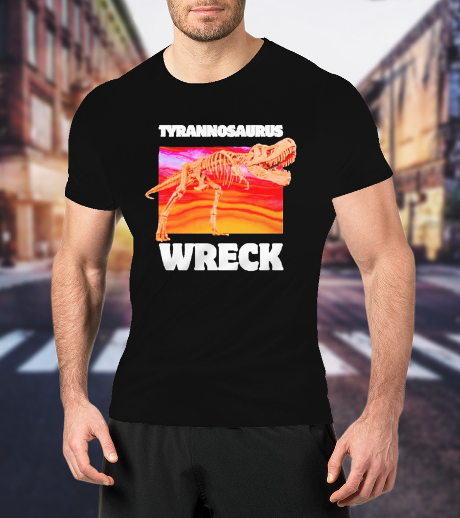 Tyrannosaurus Wreck Dinosaur Pun With Rex Skeleton On Sunset T-Shirt