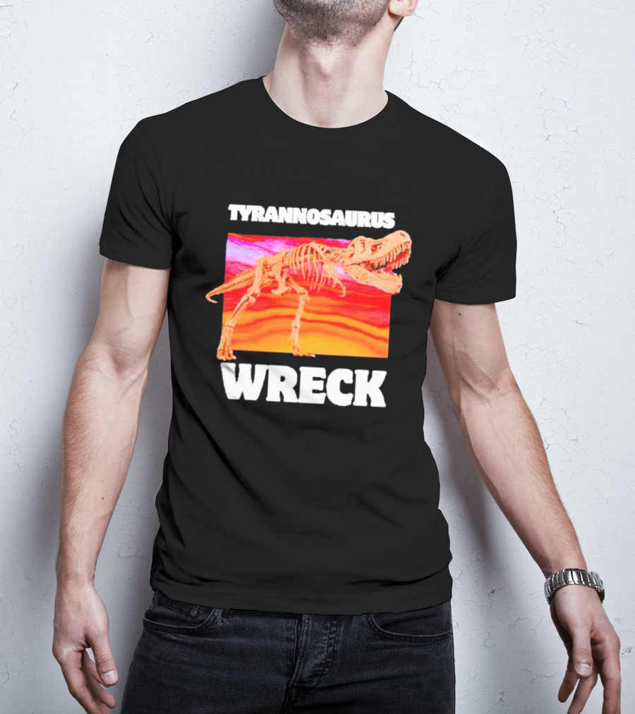 Tyrannosaurus Wreck Dinosaur Pun With Rex Skeleton On Sunset T-Shirt