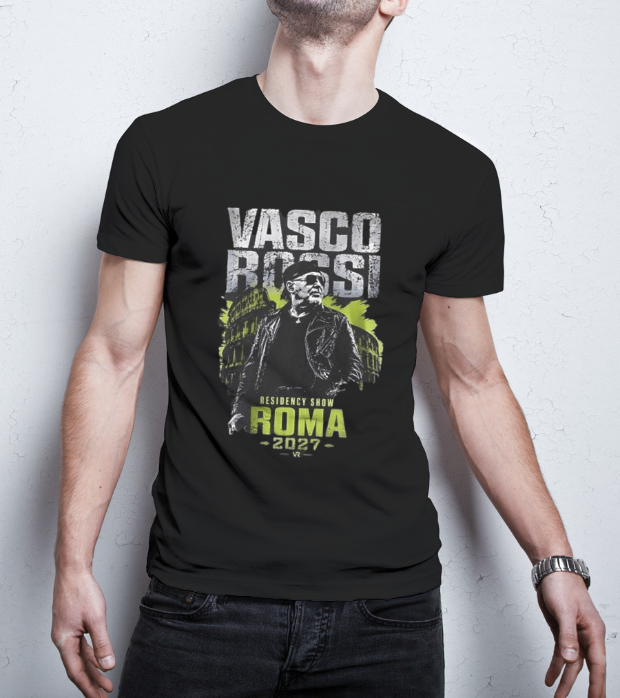Vasco Rossi Residency Show Roma 2027 Black Leather Jacket Iconic Performance T-Shirt