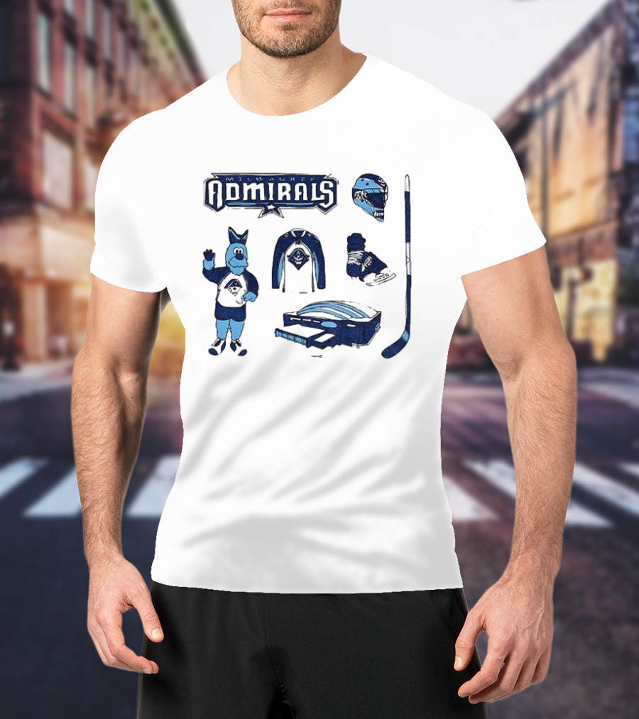 Milwaukee Admirals Hockey Mascot Jersey Helmet Skates Stick Goalie Equipment T-Shirt
