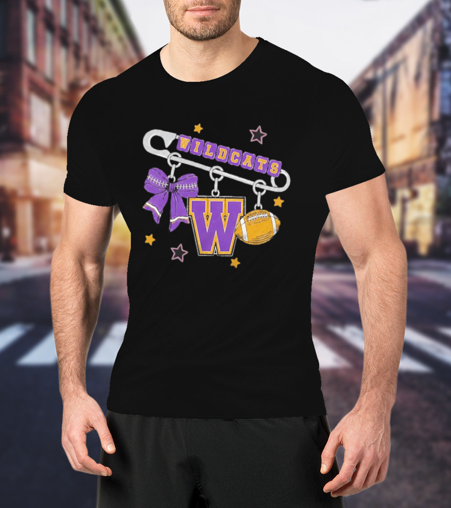 Wildcats Safety Pin Bow W Football Charm Distressed T-Shirt
