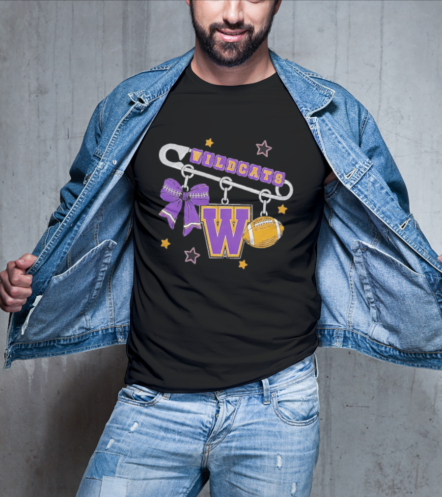 Wildcats Safety Pin Bow W Football Charm Distressed T-Shirt