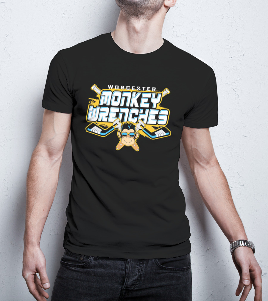 Worcester Monkey Wrenches Hockey Player Monkey With Crossed Wrenches And Hockey Sticks T-Shirt