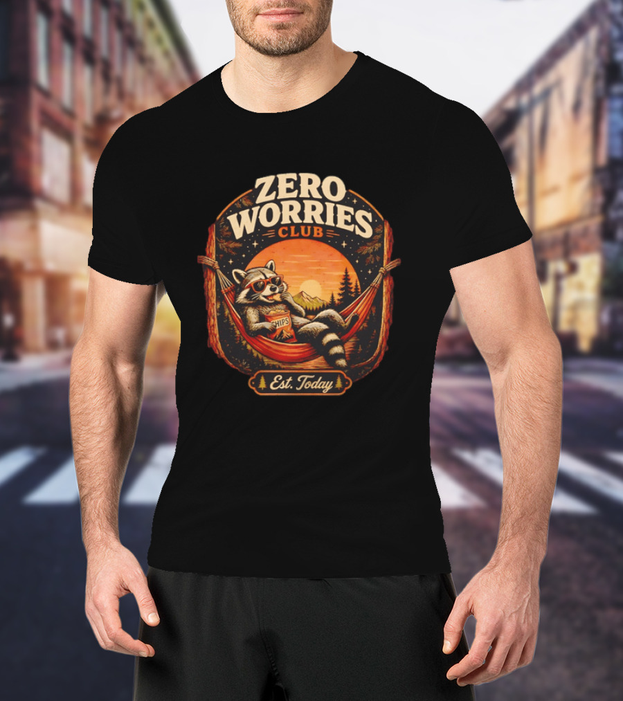 Zero Worries Club Raccoon Relaxing In Hammock Eating Chips At Sunset T-Shirt