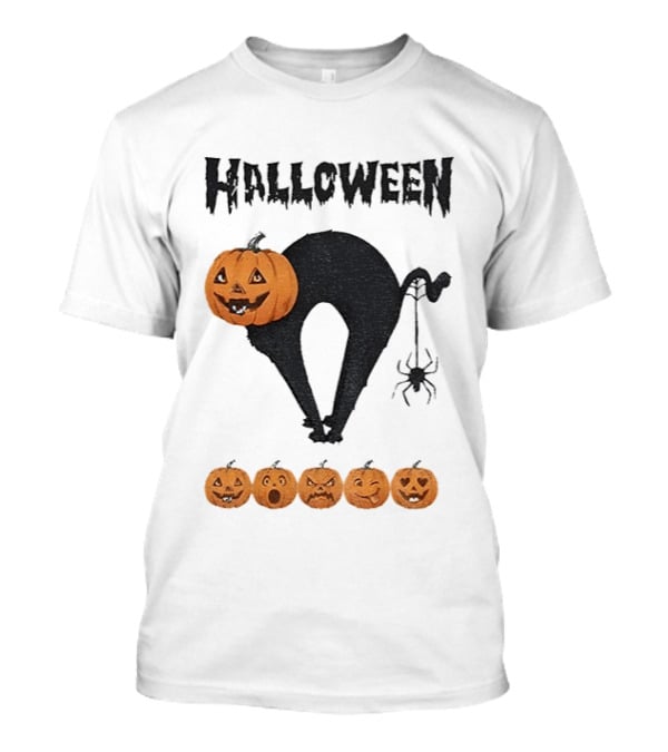 Halloween Pumpkin Cat Black Spider Five Jack O' Lanterns T-Shirt