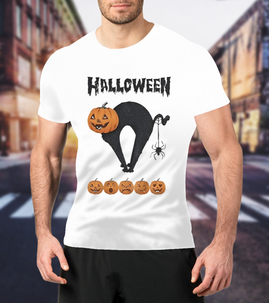 Halloween Pumpkin Cat Black Spider Five Jack O' Lanterns T-Shirt