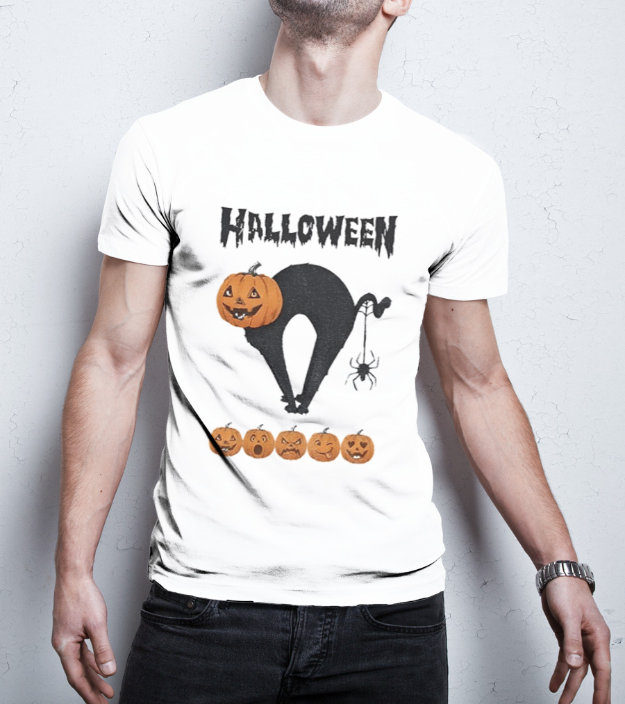 Halloween Pumpkin Cat Black Spider Five Jack O' Lanterns T-Shirt