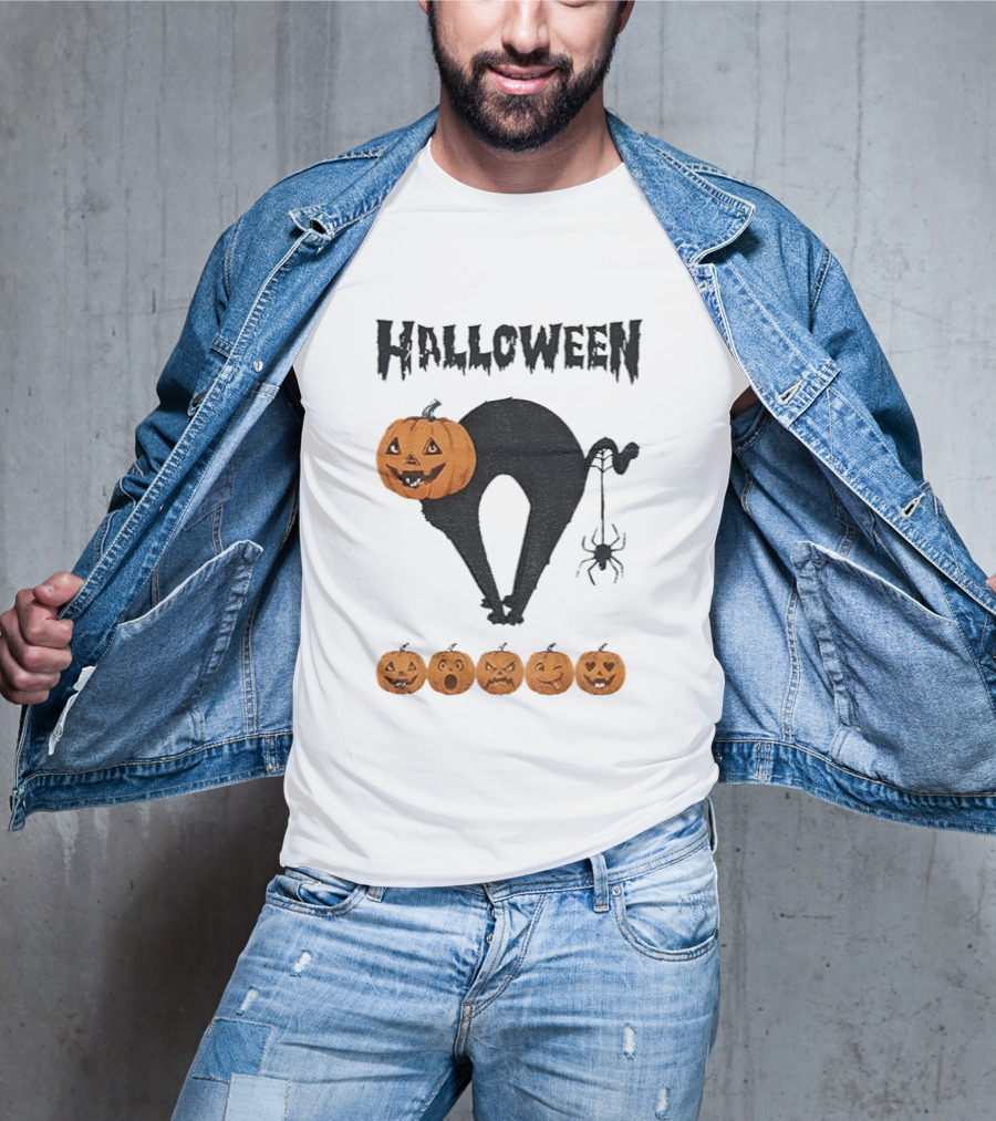 Halloween Pumpkin Cat Black Spider Five Jack O' Lanterns T-Shirt