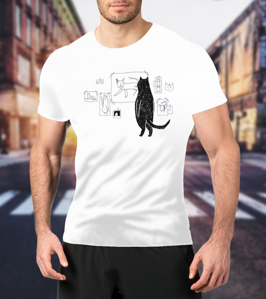 Black Cat Standing Looking At Sketches Line Drawing Wall Gallery T-Shirt