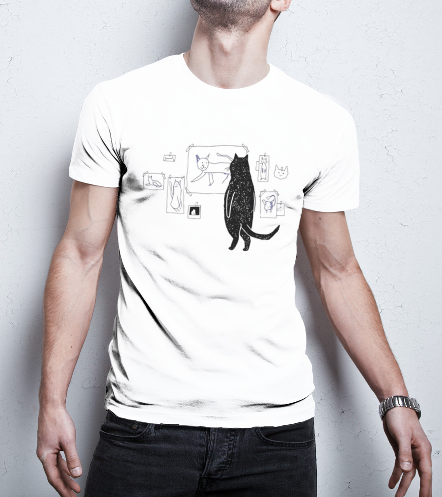 Black Cat Standing Looking At Sketches Line Drawing Wall Gallery T-Shirt