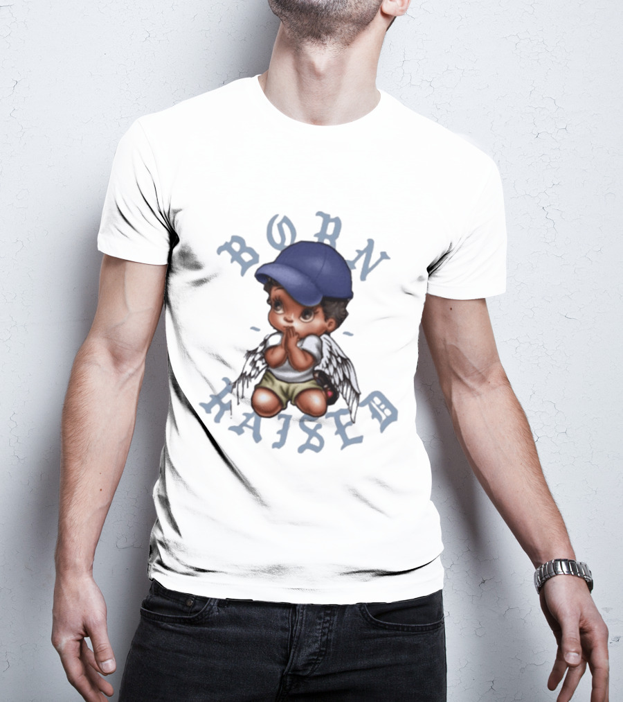 Born X Raised El Angel Cherub Praying With Wings And Cap T-Shirt
