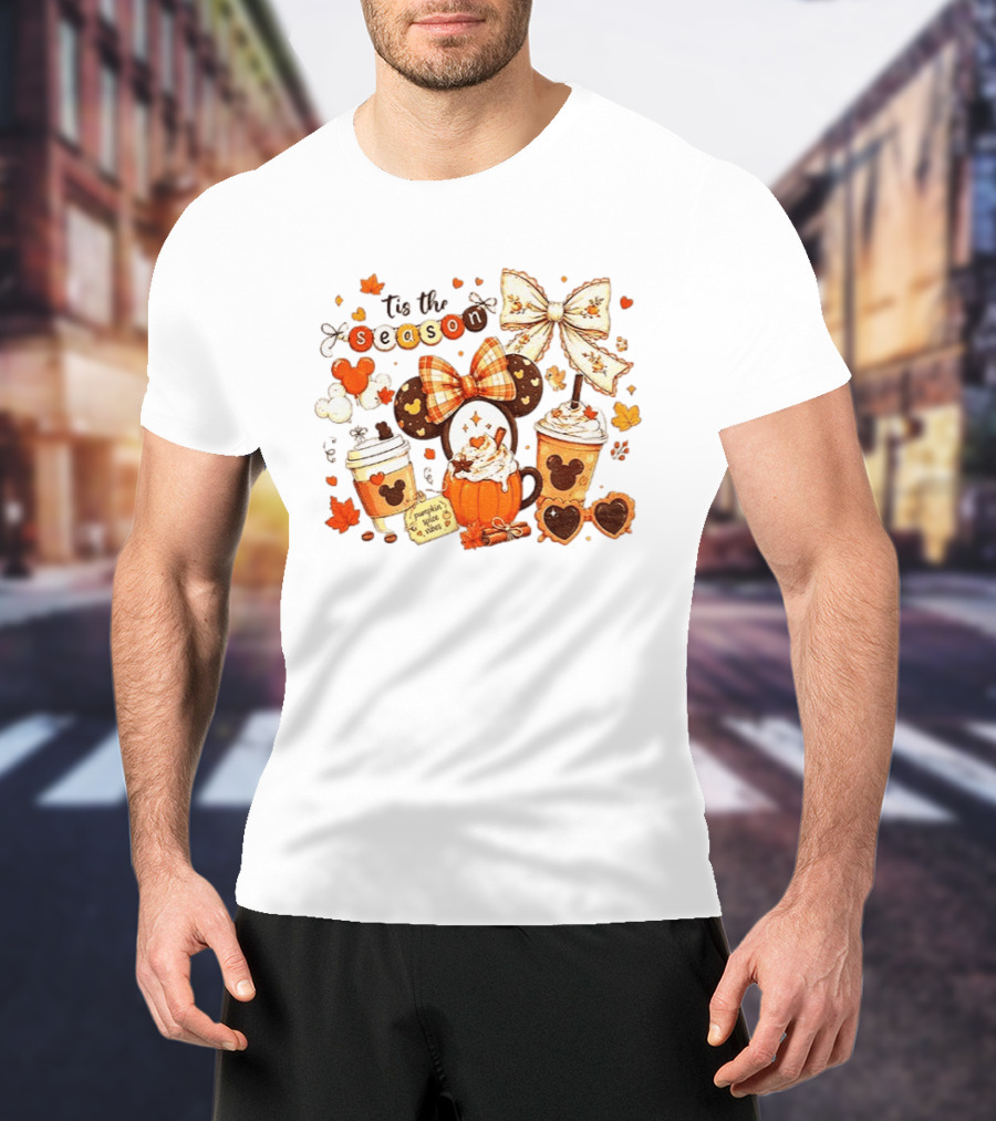 Tis The Season Disney Pumpkin Spice Autumn Coffee Ears And Bows T-Shirt
