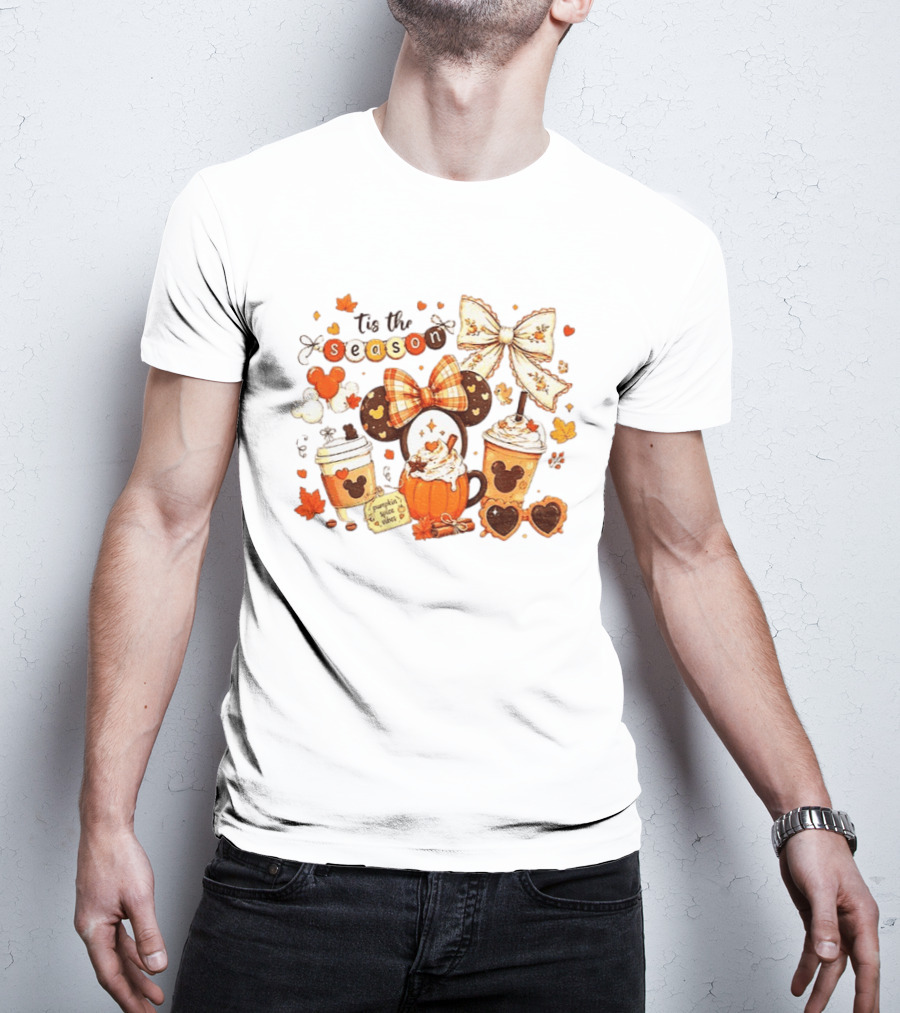 Tis The Season Disney Pumpkin Spice Autumn Coffee Ears And Bows T-Shirt