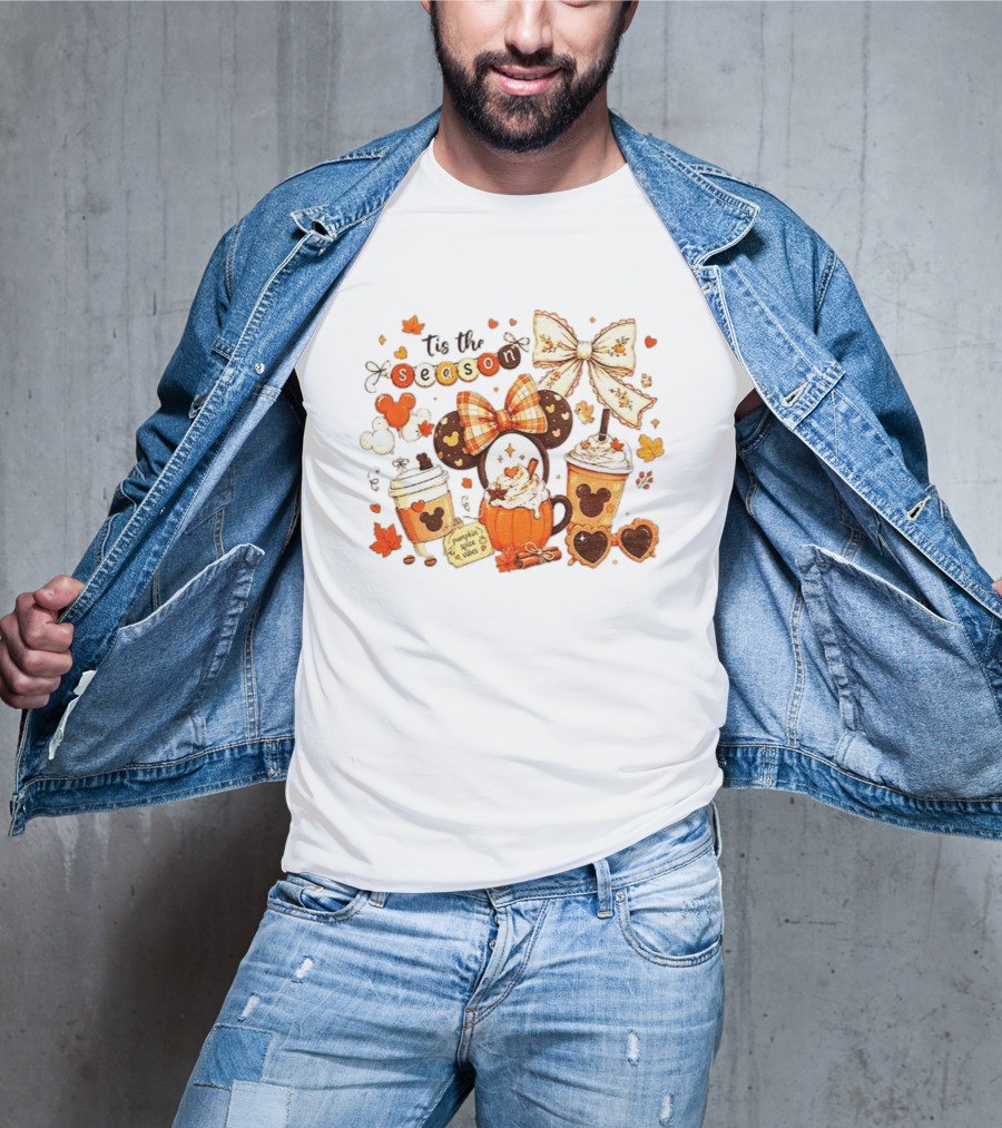 Tis The Season Disney Pumpkin Spice Autumn Coffee Ears And Bows T-Shirt